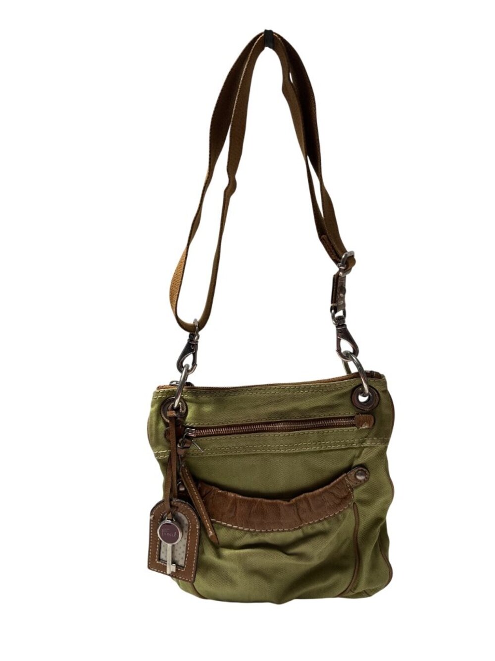 Fossil Green Crossbody Bag With Leather Accents & Adjustable Strap